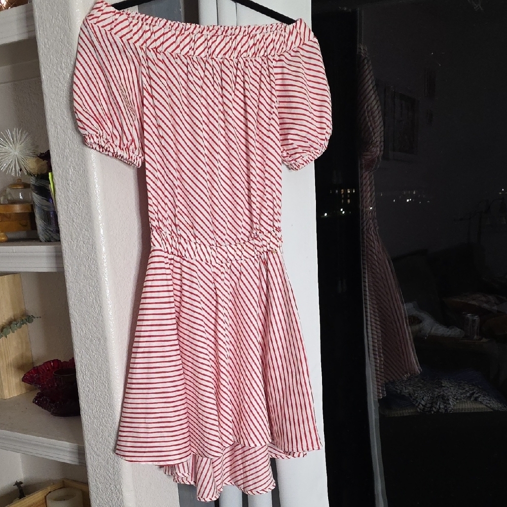 Guess Red and White Stripes Puff Sleeve Off Shoulder Cotton Sundress Small
